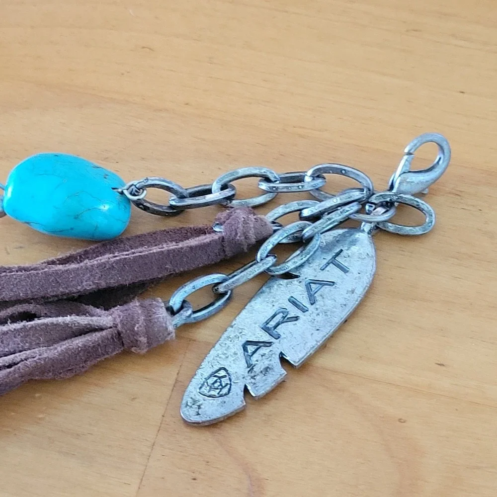 Vintage ARIAT Turquoise Stone Suede Tassel Bag Charm Keychain 8 Inch 18g
